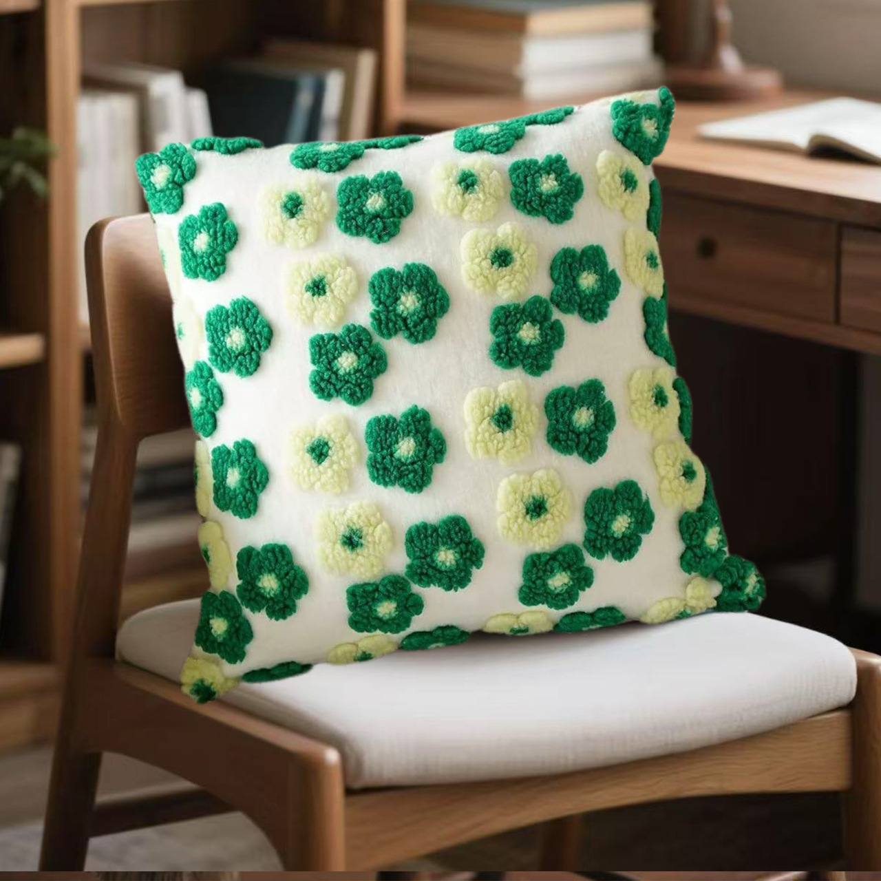 Green and Yellow Charming 3D Floral Plush Cushion Covers - Set of 4, 45 × 45cm Soft Faux Lambswool Pillowcases for Sofa & Bed Decor