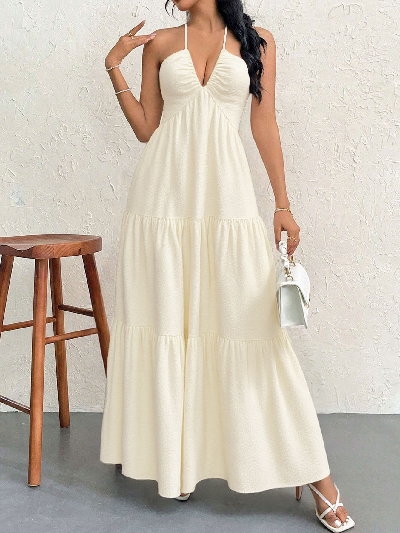Apricot XL Size Women's Elegant Halter Maxi Dress Summer Backless V-Neck Sleeveless Long Beach Resort Gown โ image 5
