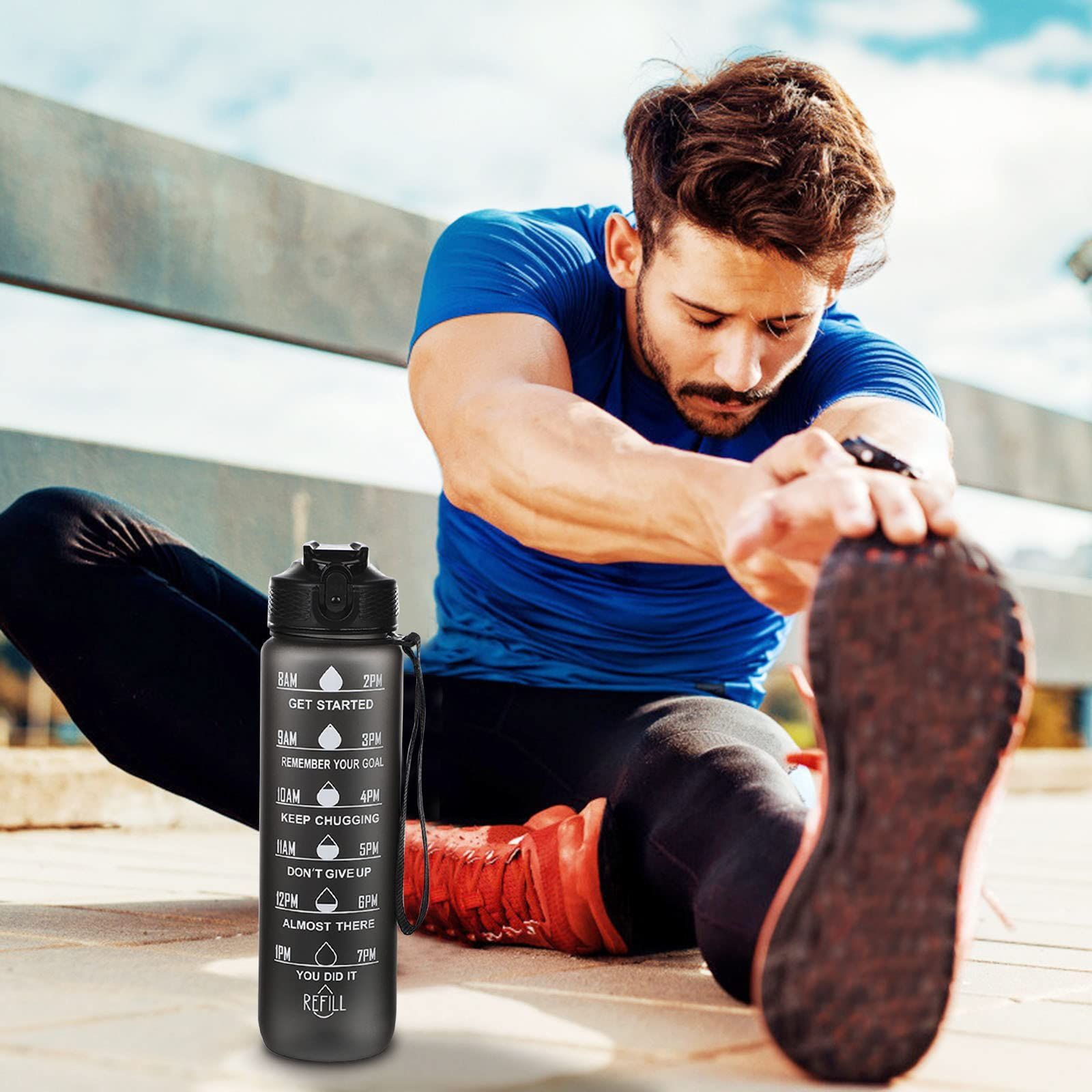 32oz Leakproof Motivational Sports Water Bottle with Straw & Time Marker, Flip Top Durable, Non-Toxic Frosted Bottle (black) — image 4