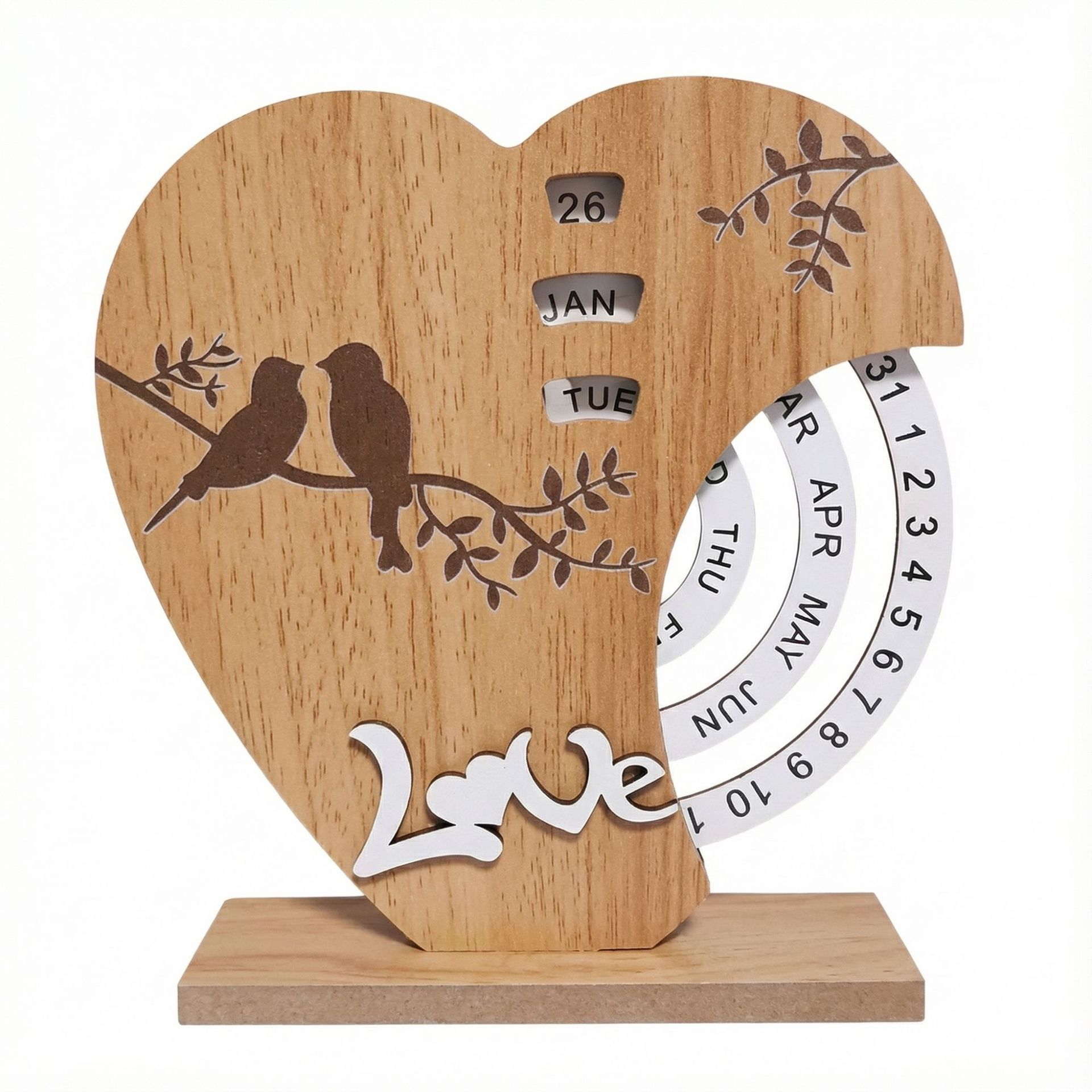 Artistic Heart Timber Perpetual Calendar Decoration(19.5 × 15.5 CM) - Manual Rotating Date Tracker