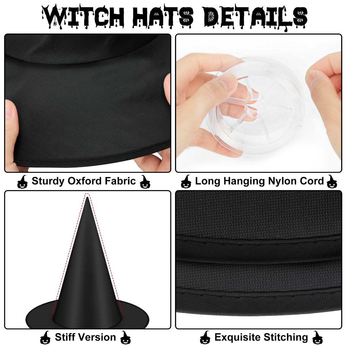 36 PCS Halloween Witch Hats, Black Hanging Witch Hats Porch Yard Decor | Witch Costume Accessories Witches Hat with 328 FT Nylon Cord Wizard Hats Indoor — image 3