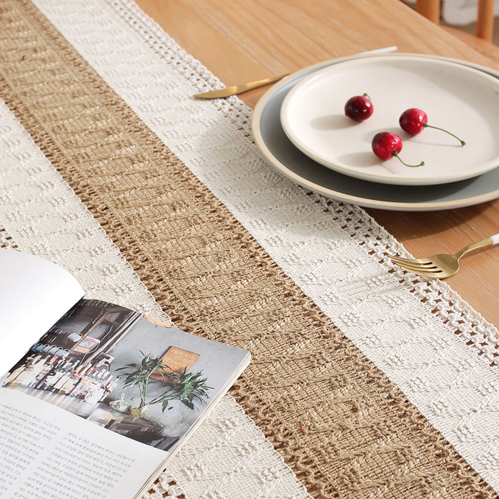 Rustic Table Runner Macrame Table Runner Cotton Desk Decoration for Holiday Party Farmhouse Wedding 180 × 30cm Coffee Color — image 6