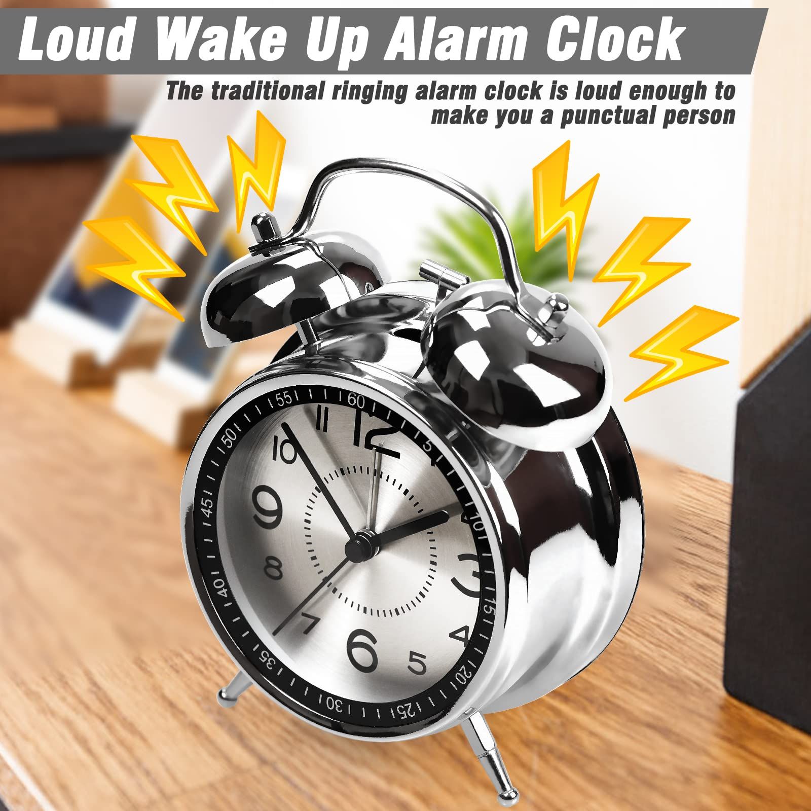 Super Loud Alarm Clock for Heavy Sleepers Adults,Twin Bell Retro 4 Inch Silent Non-Ticking Quartz with Backlight, Metal dial(Gray) — image 4