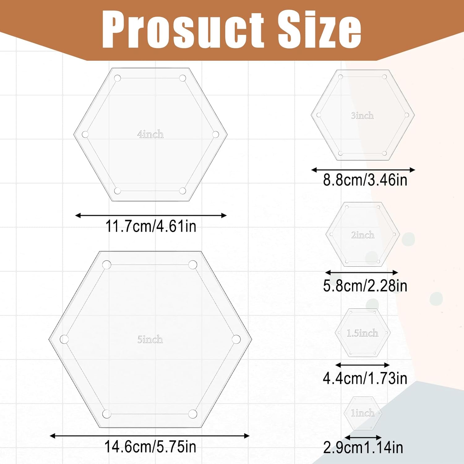6Pcs Hexagon Quilting Templates Acrylic, 1" 1.5" 2" 3" 4" 5" Multiple Sizes Quilting Template for DIY Patchwork Sewing Crafts Quilt Shapes Cutting Dressmaking
