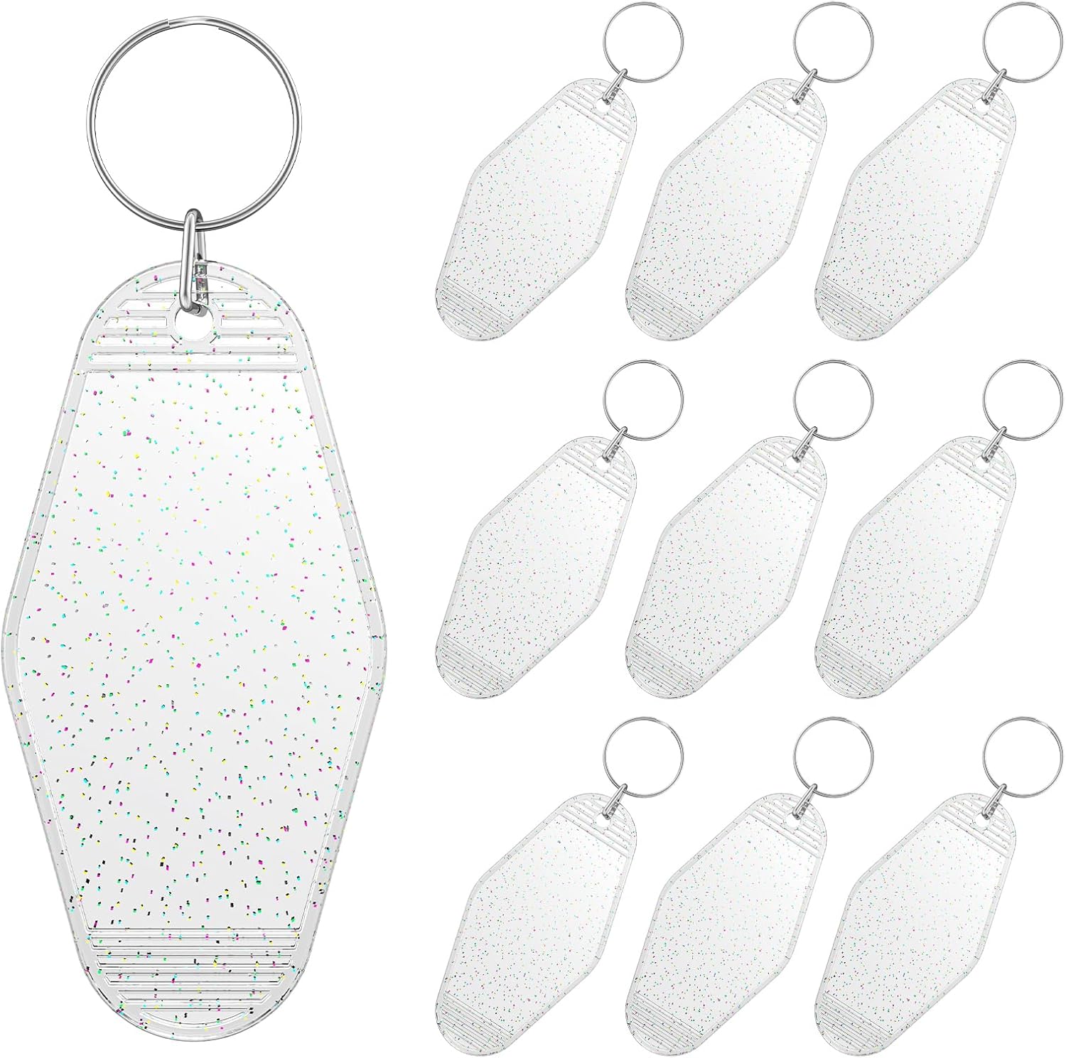 10 Pcs Modern Glitter Rhombus Keychain Tags, Clear Transparent Plastic Motel Keychains with Glitter & Key Rings, Customizable Luggage Tags & Room Labels