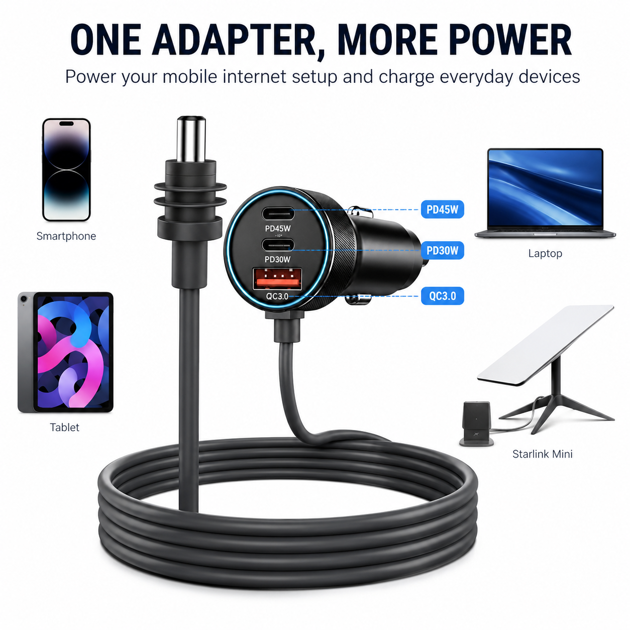 Aumerage Car Charger for Starlink Mini, DC Cable & Cigarette Adapter 3M | 3-in-1 12V-24V USB-C USB QC 3.0 + 45W/30W PD, 16AWG Waterproof for Camping — image 3