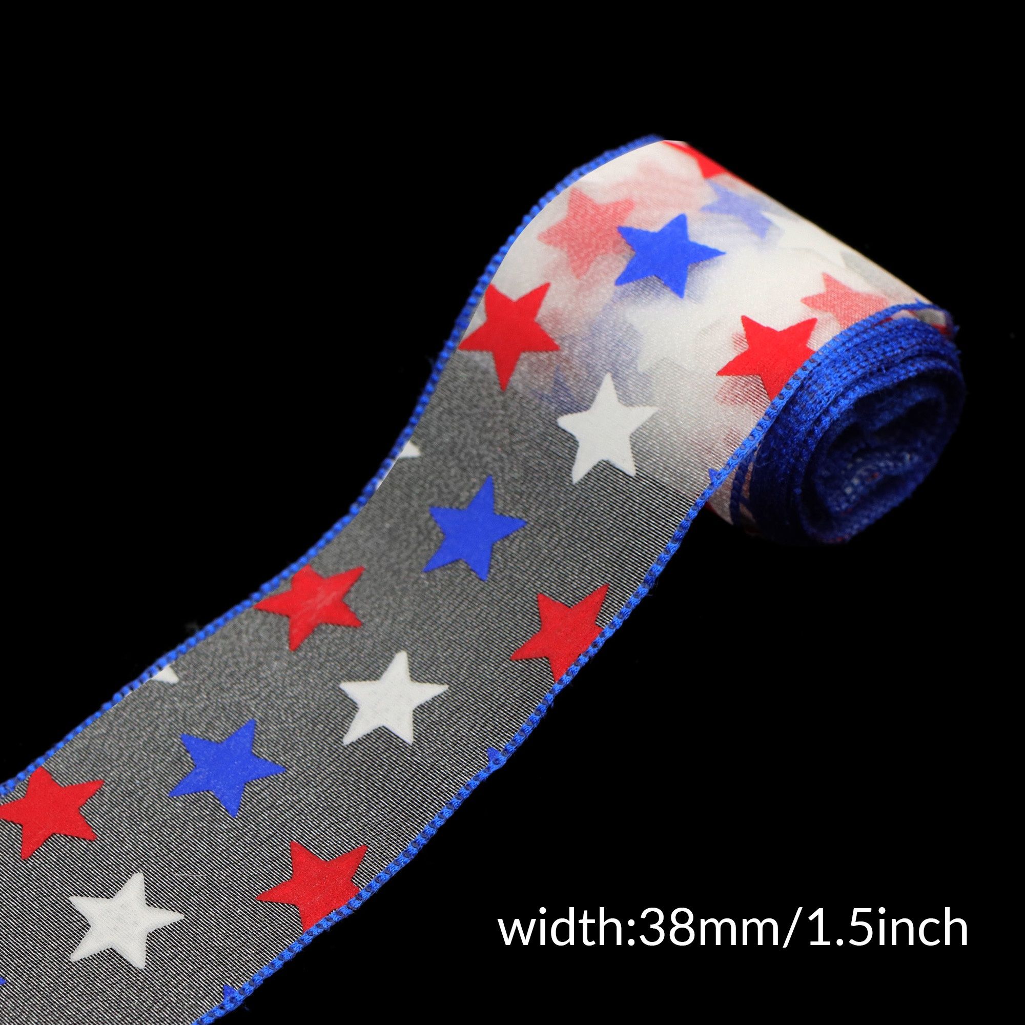 5 Yards/Roll Retro Patriotic Ribbon, Red White Blue Star Organza, Width 38mm, for July 4th Crafts, Wreaths, Bows, Party Decor, Pre-Cut DIY Gifts
