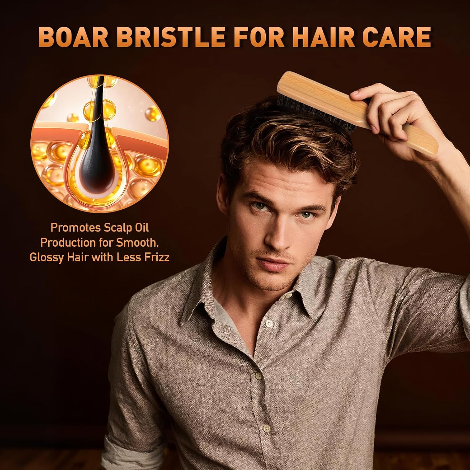 Boar Bristle Hair Brush for Men - Slick Back Hair Brush - Mens Hairbrush with Stiff Bristles & Wooden Handle, for Thick, Fine & Normal Hair Smoothing Styling — image 2