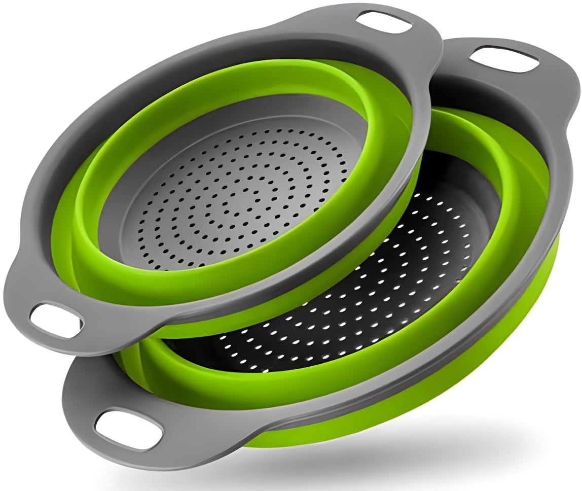 Set of 2 Silicone Kitchen Strainer Set, Perfect for Draining Pasta, Vegetable and fruit for Kitchen and Travel Use (green)
