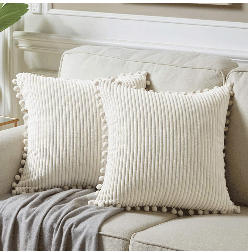 Yellow Soft Corduroy Cushion Covers with Pom Trim - Set of 2 Decorative Throw Pillow Cases for Sofa Couch Bed, 45 × 45cm — image 4