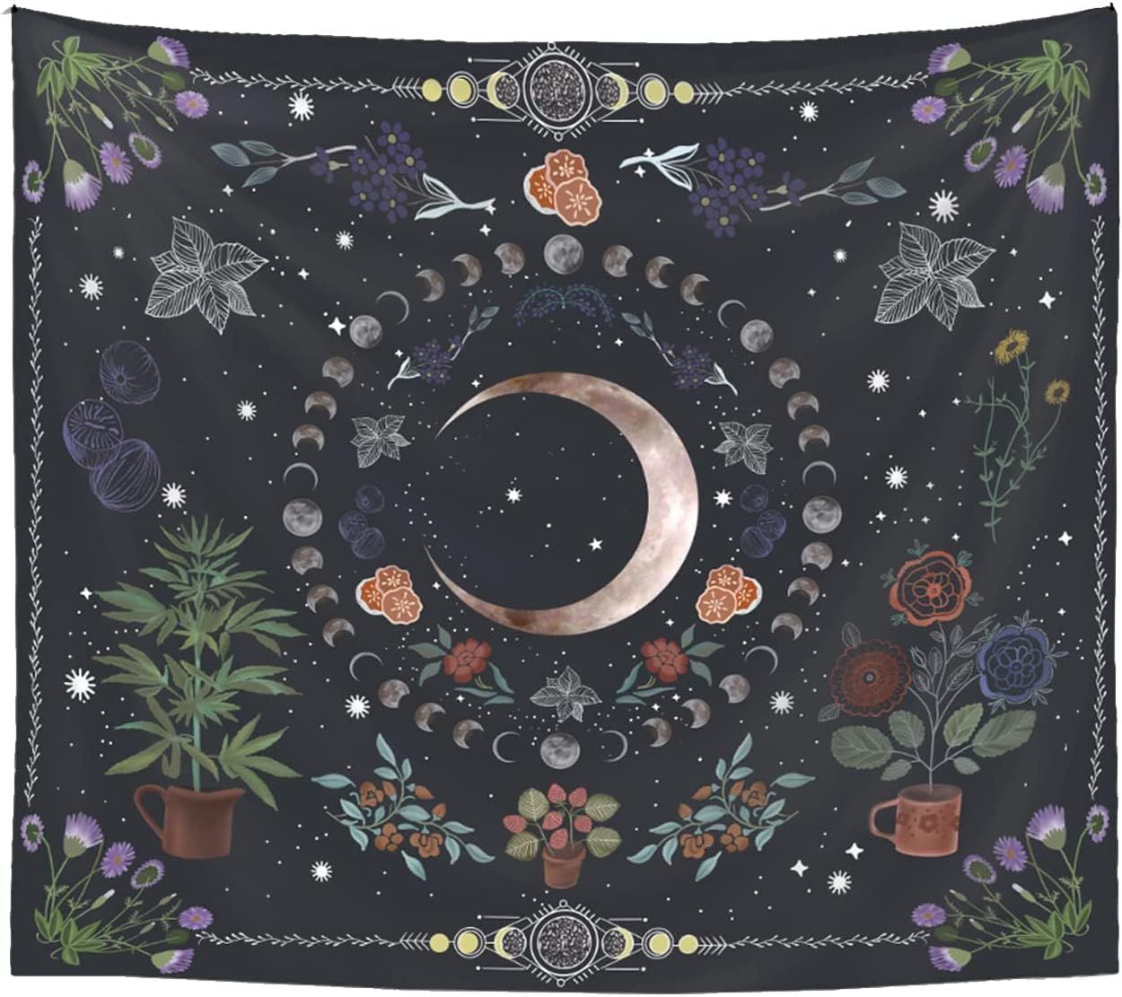 Plant Tapestry, Nature Moon Phase Tapestry Wall Hanging, Bohemian Mandala Tapestry Aesthetic Bedroom Decor