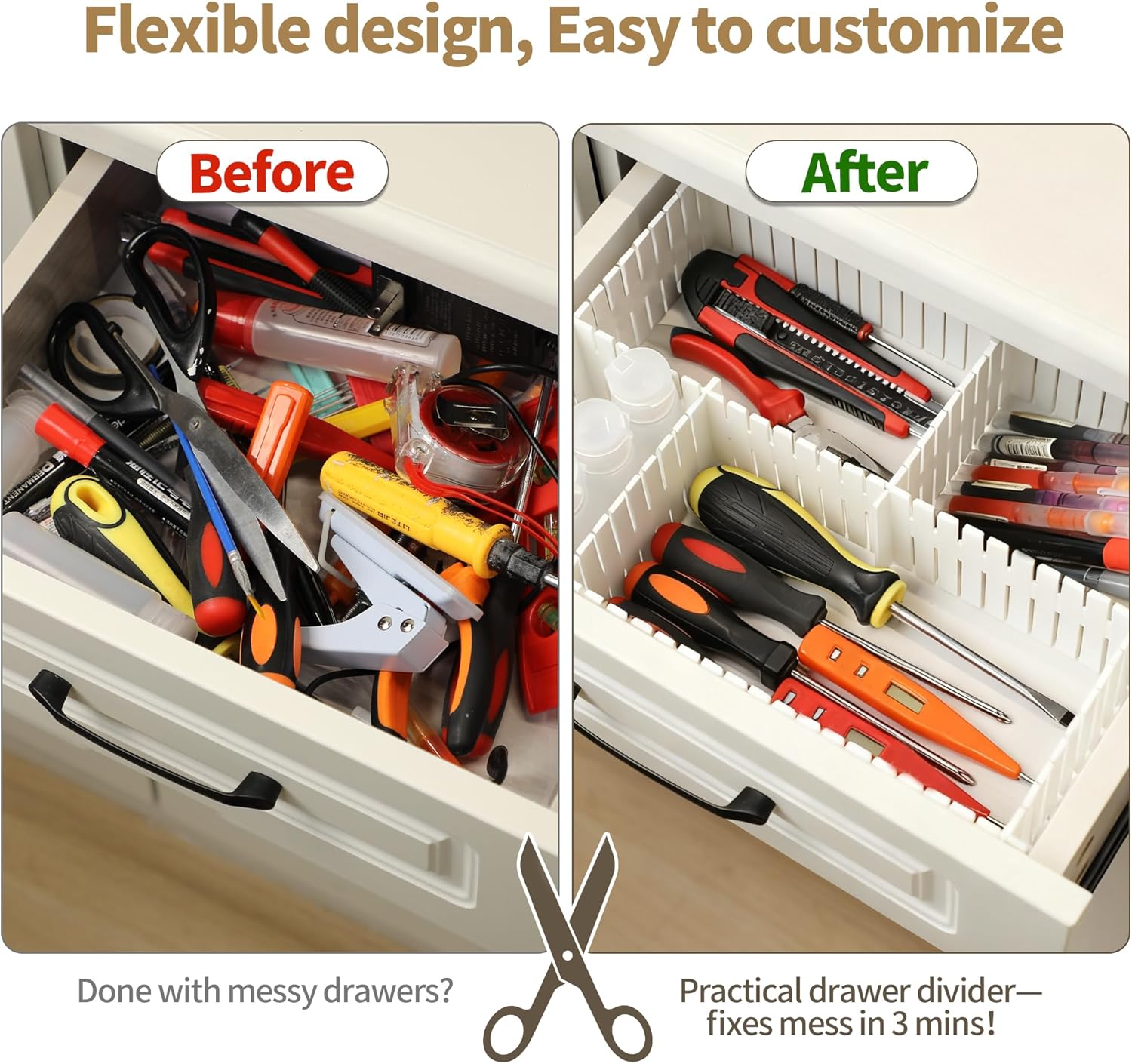 Drawer Divider Adjustable DIY Storage Organizer Separator for Tidying Clutter Cutlery Underwear Socks Clothes Dresses Desk & Box in Kitchen Bathroom Bedroom — image 3