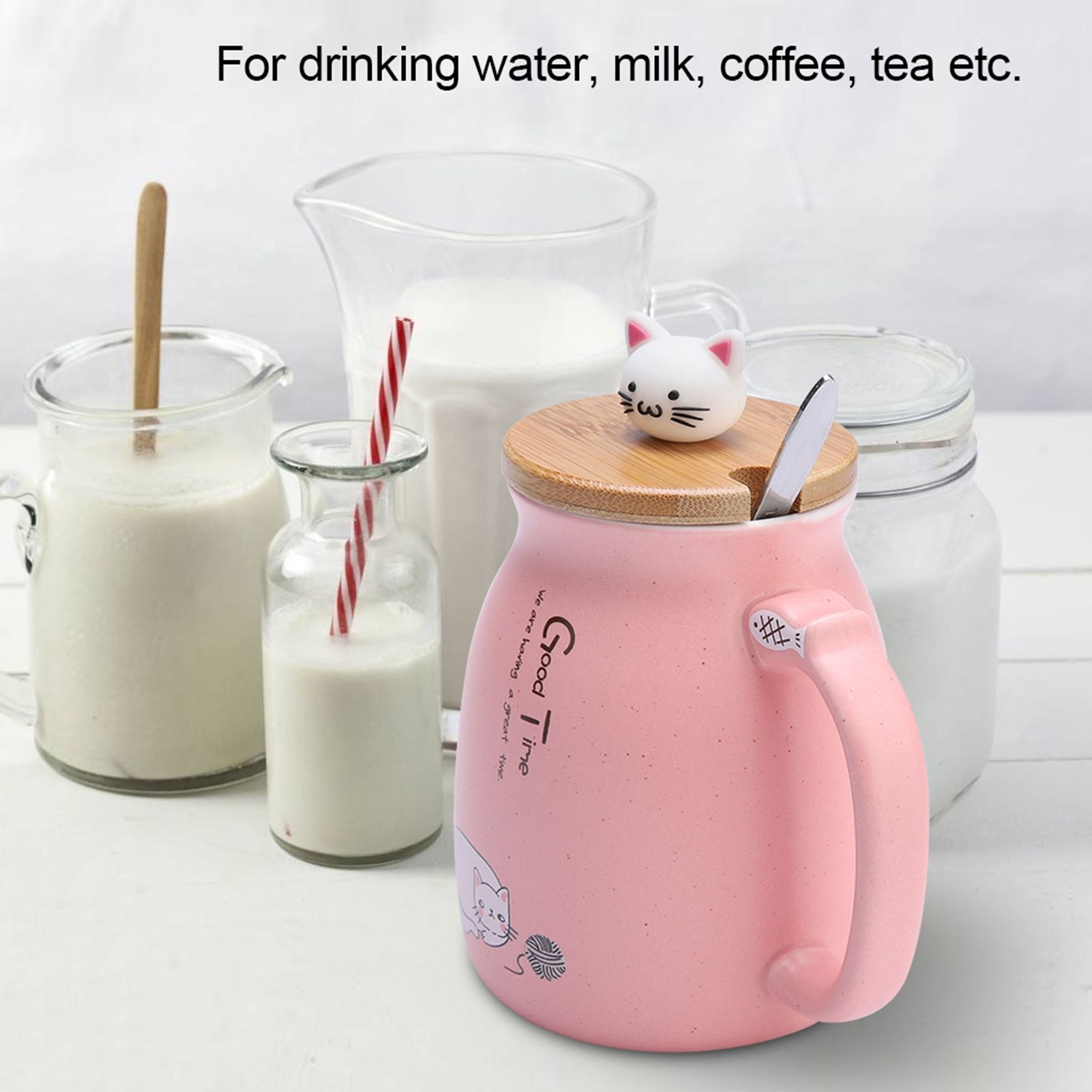1Pc Lovely Cat Ceramic Cup with Spoon and Lid Coffee Water Milk Mug for Drinkware Gift(Pink) — image 3