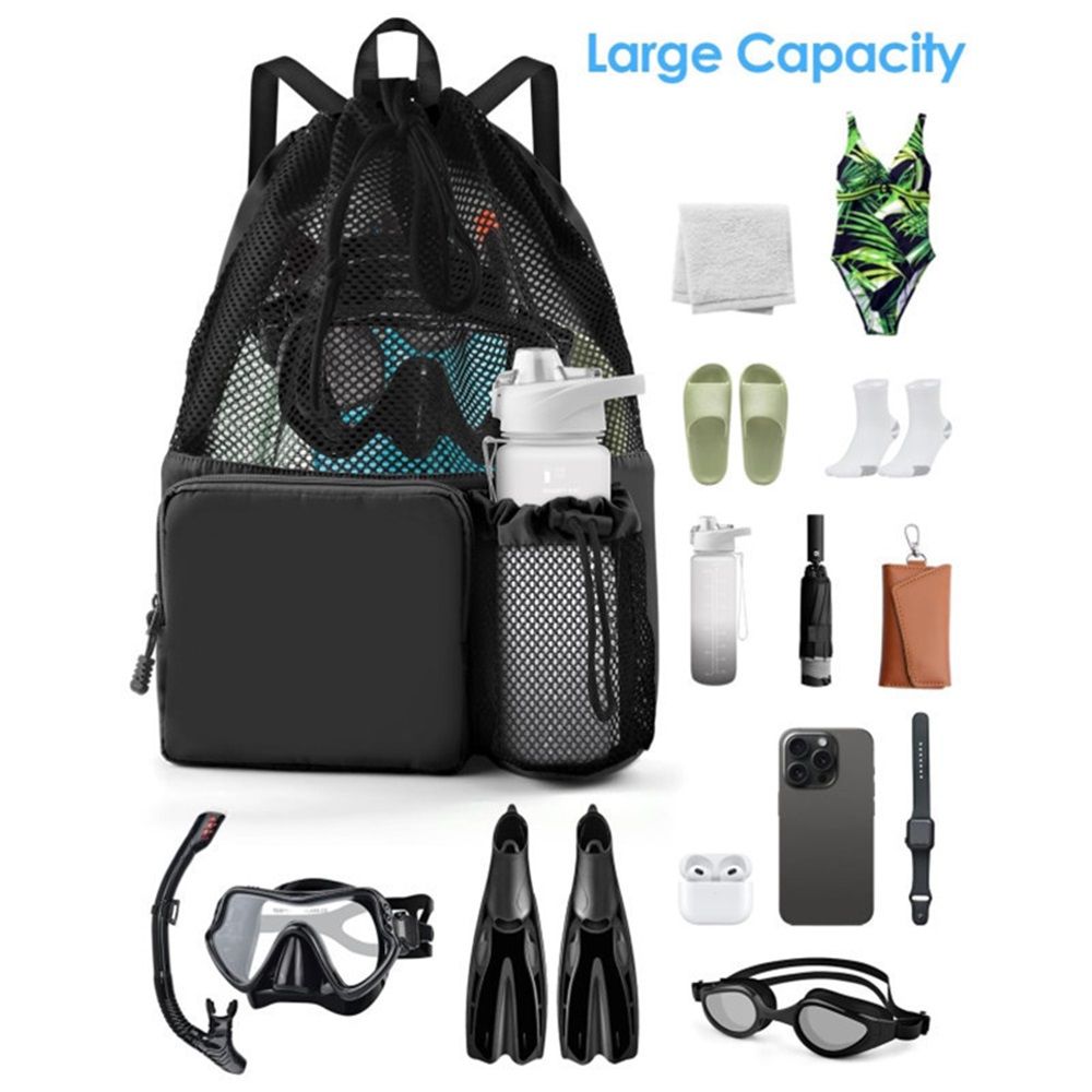 Swim Bag Beach Backpack with Wet Pocket Mesh Drawstring Bags for Swimming, Gym black Mesh Swim Bag Beach Drawstring Backpack, Waterproof Gym Bags for Women and โ image 5