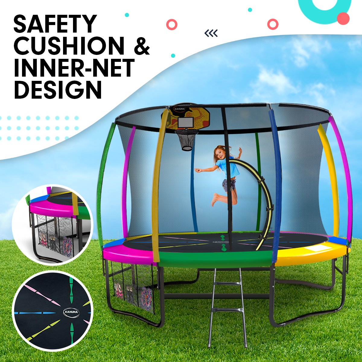 Kahuna 10ft Outdoor Trampoline Kids Children With Safety Enclosure Pad Mat Ladder Basketball Hoop Set - Rainbow โ image 5