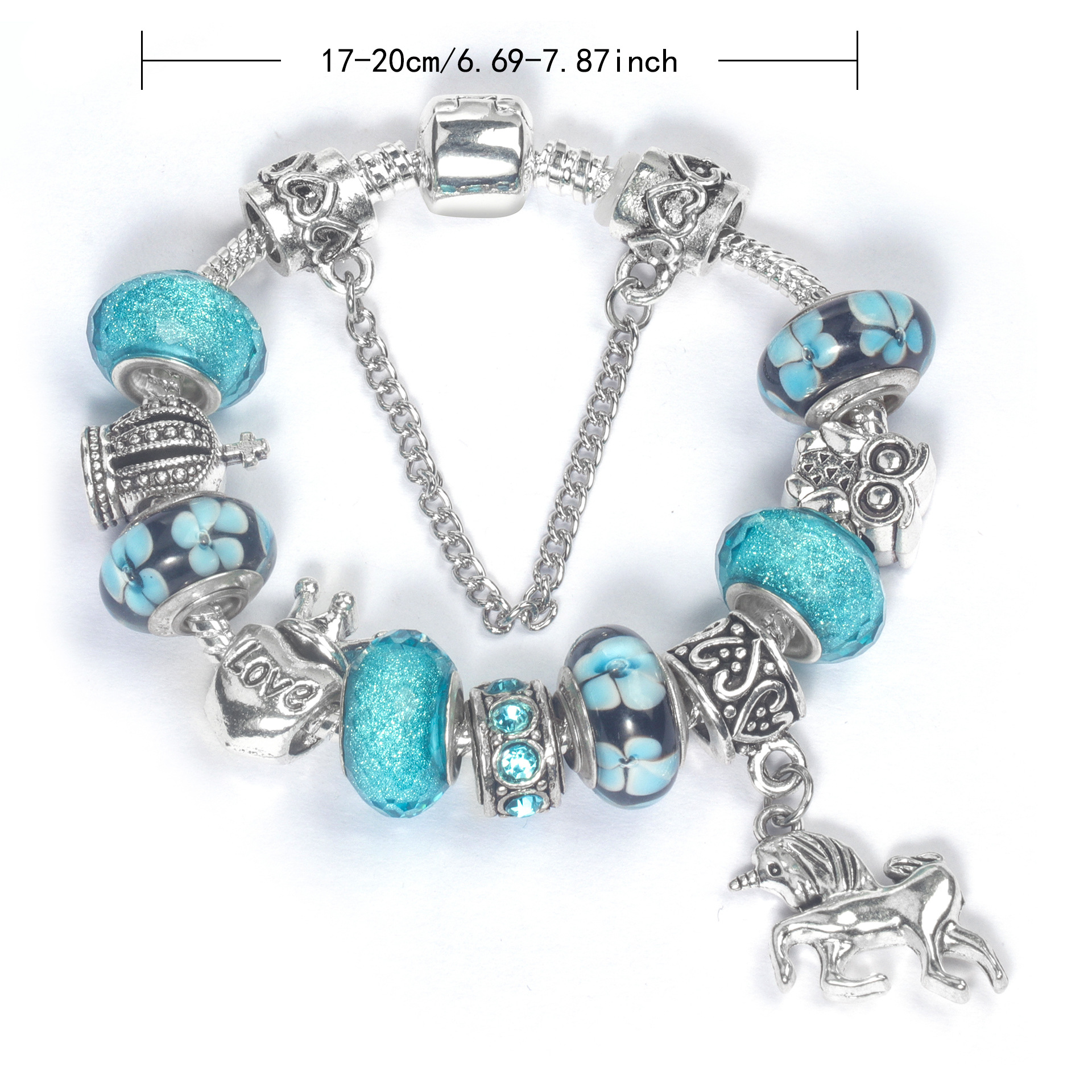 Vintage Water Glass Rhinestone Heart Crown Beaded Unicorn Pendant DIY Bracelet(19cm) โ image 2