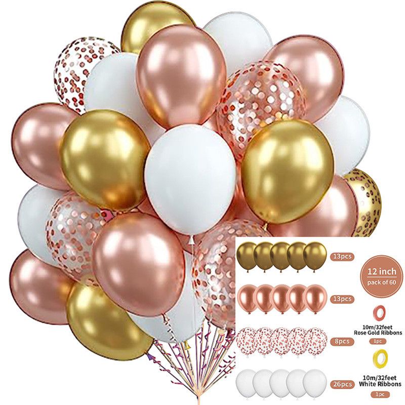 60-Piece 12-Inch Assorted Latex Balloon Set, Heavy-Duty Latex Balloons + Glitter Balloons + Ribbons, Birthday Party & Wedding Decor Balloons, Multi-Color