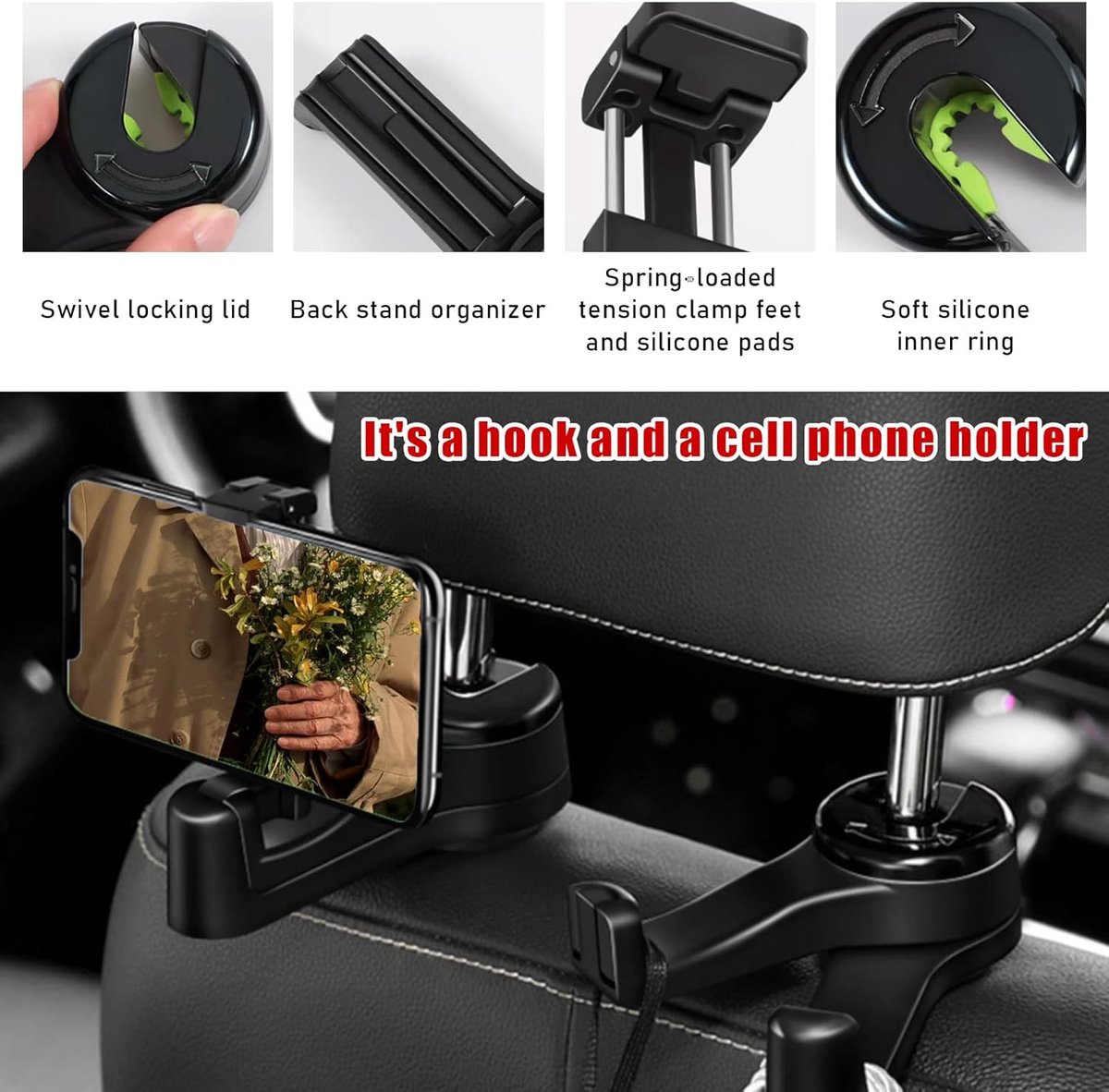 Car Seat Hooks - 2 Pieces - 2 In 1 Car Headrest Hooks - Multifunctional Car Seat Hook - 360° Rotation Front and Rear Seat Headrest Hook - Concealed Hook — image 4