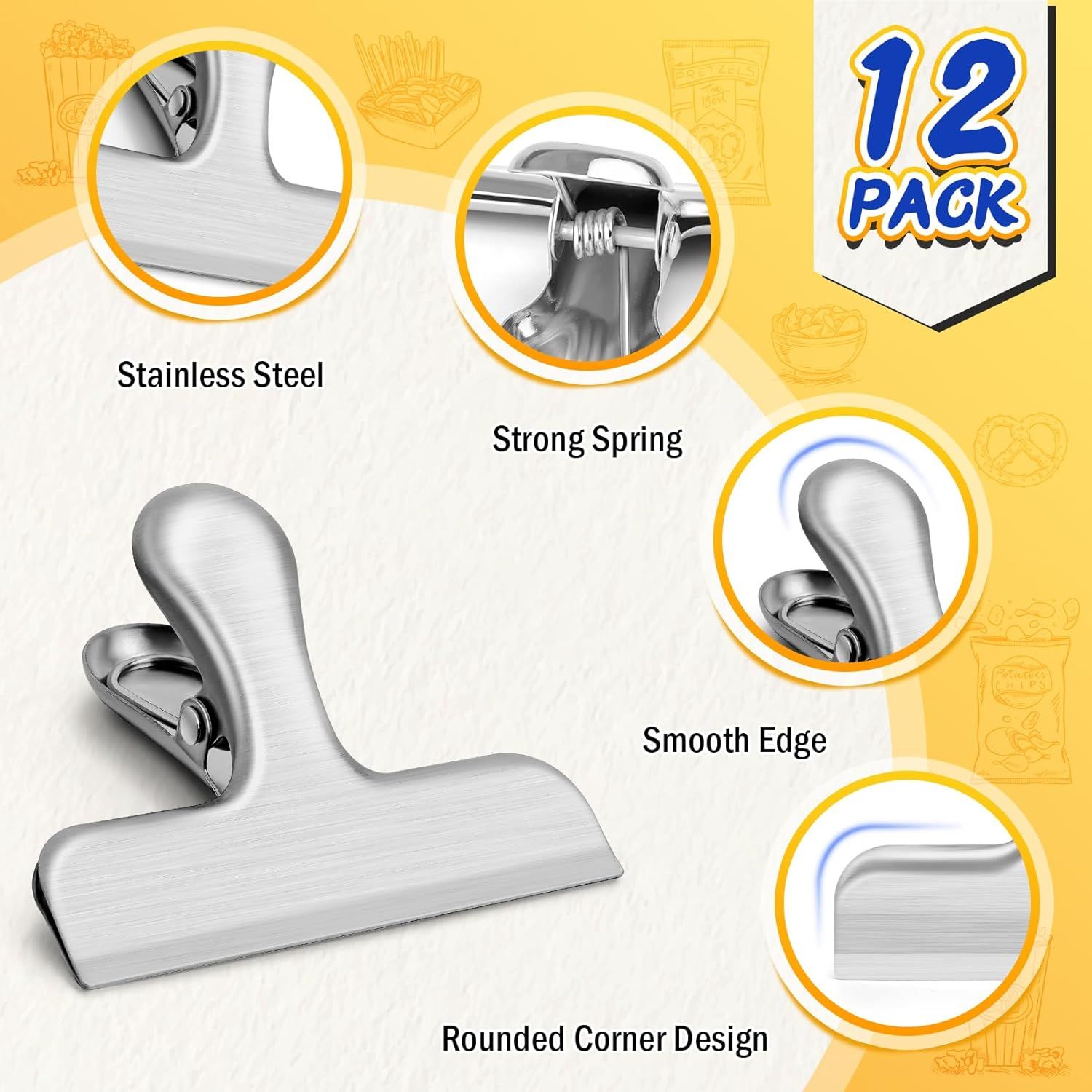 12 Pack Stainless Steel Chip Clips, Bag Clips for Food, Heavy Duty Snack Clip Metal Clip to Seal Coffee Bags, Ideal for Office and Kitchen Use, Binder Clip โ image 4