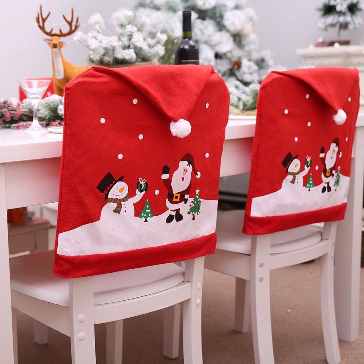Chair Covers (4 Pieces) - Dining Chair Cover - Sofa Cover - Chair Covers - Christmas Chair Covers - Santa Claus and Snowman Red Hat Christmas Chair Back Cover — image 6