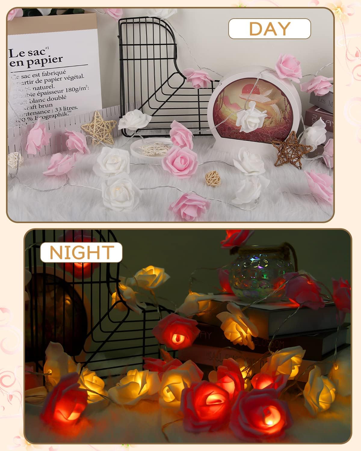 1 Piece Pink and White Rose LED Fairy Lights for Bedrooms, Weddings and Party Decor, Decorative Flower String Lighting for Indoor Ambience — image 3