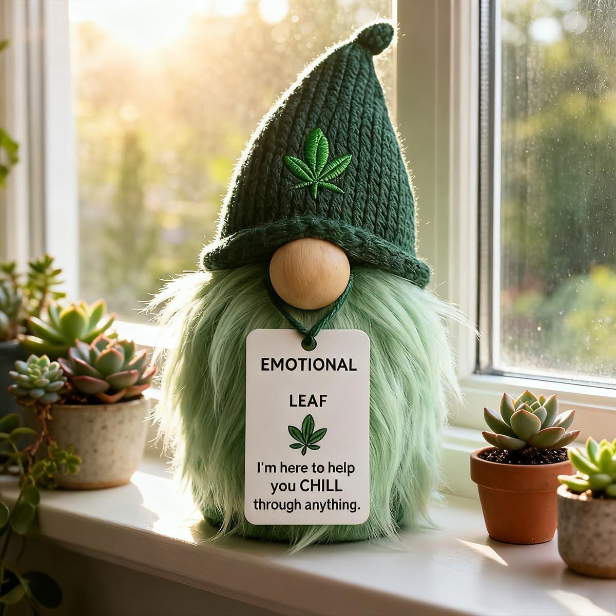Emotional Support Weed Gnome Crocheted Doll – Handmade Knitted Plush Table Desktop Figurine with Beanie & Motivational Tag, Novelty Birthday Party Gift — image 5