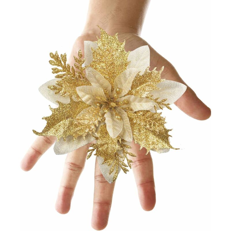 12 pcs Glitter Christmas Flowers (15Cm) With 12 pcs Artificial Poinsettia For Christmas Tree(Gold) — image 4