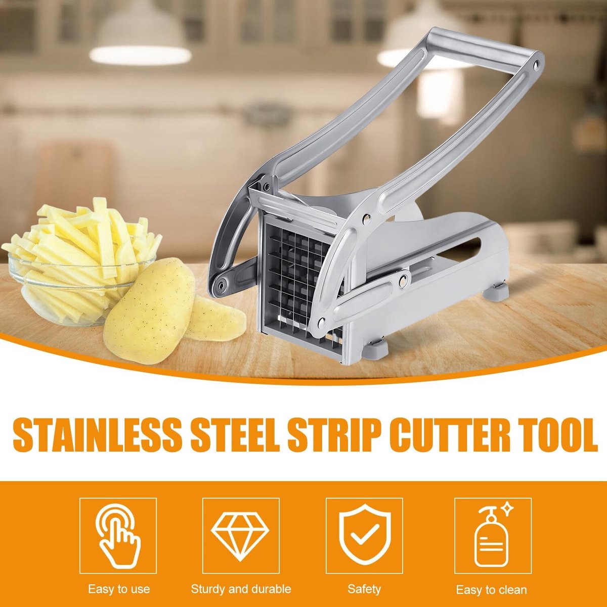 French Fry Cutter - Potato Cutter - Vegetable Cutter - 2 Inserts - Non-Slip Rubber Base - Dishwasher Safe - With Soft-Touch Handle - Effortless Vegetable — image 2