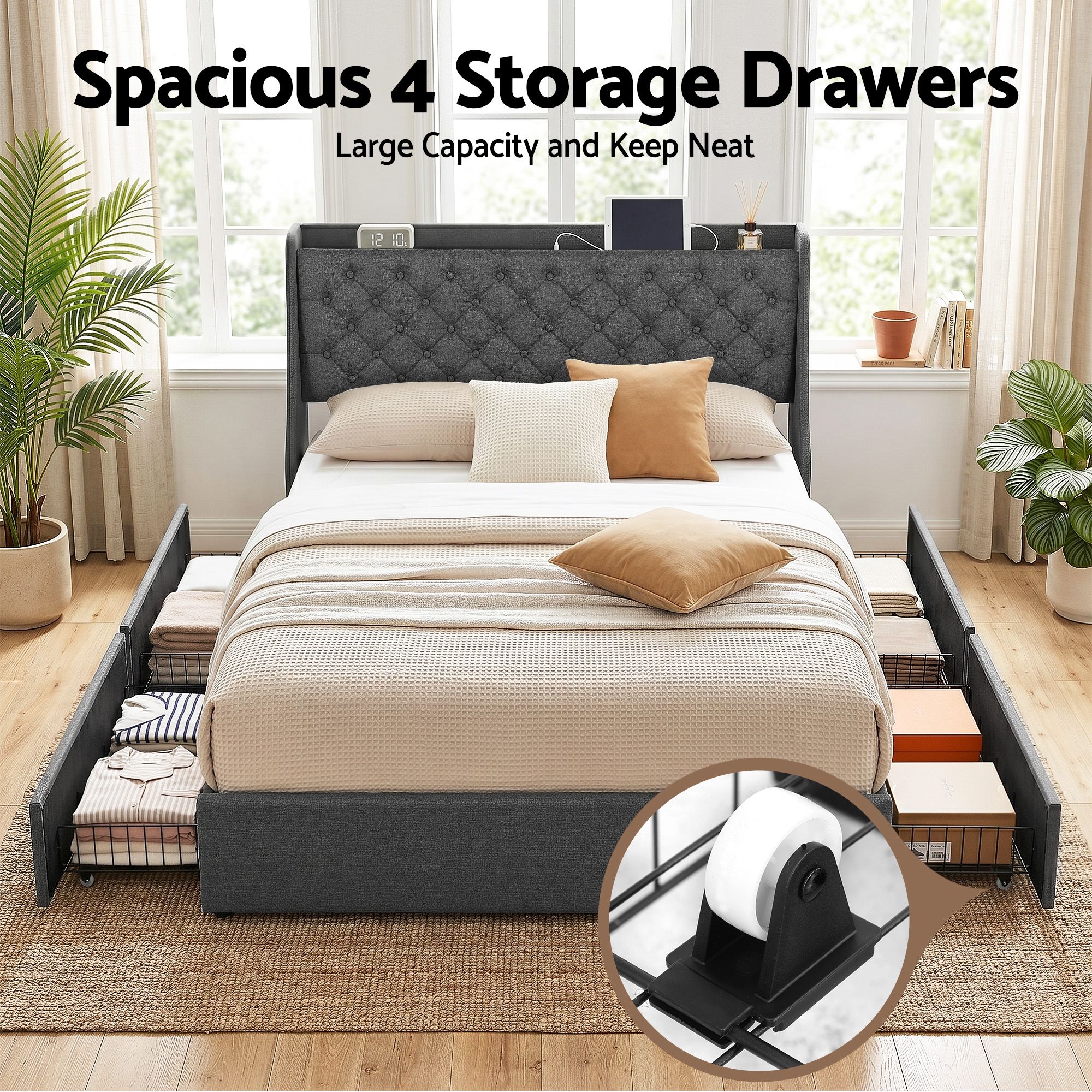 Artiss Queen Bed Frame with 4 Storage Drawers and Charging Station Tufted Wingback Headboard 300kg Loads Charcoal Grey โ image 4