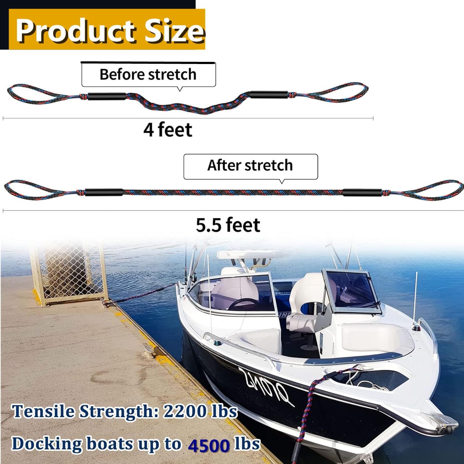 Boat Bungee Dock Lines Boat Marine Rope, Jet Ski Dock, Boating Seadoo Pontoon Waverunner Accessories (Blue, 2 Pcs with Buckles) — image 2