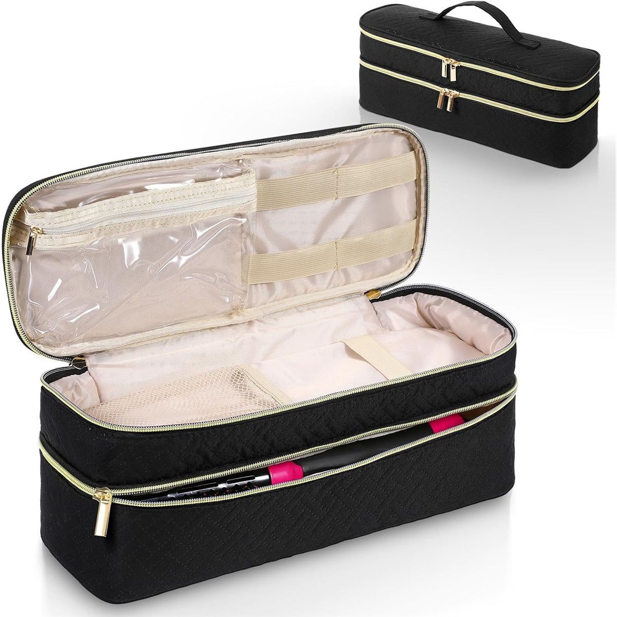 Travel Carrying Case Compatible with Hair Dryer Brush/Volumizer/Styler/Hot Tools,Double-Layer Storage Organizer Bag,Black(Bag Only)