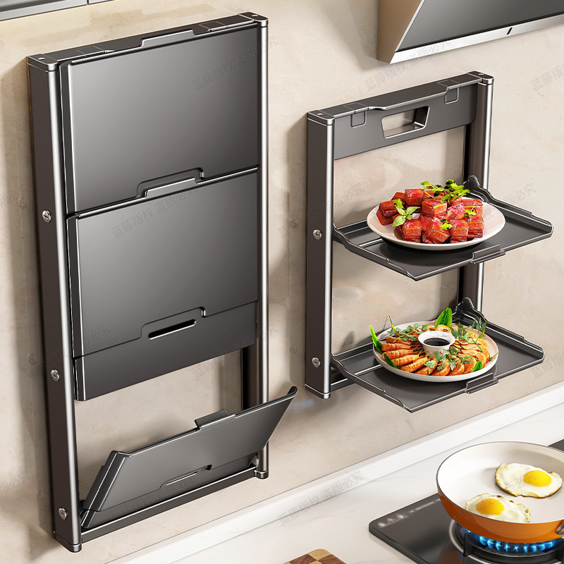3-Tier Folding Kitchen Storage Rack for Plates, Snacks and Serving Dishes, Space-Saving Organiser for Benchtops, 3 Tiers, Dark Grey and Grey — image 2
