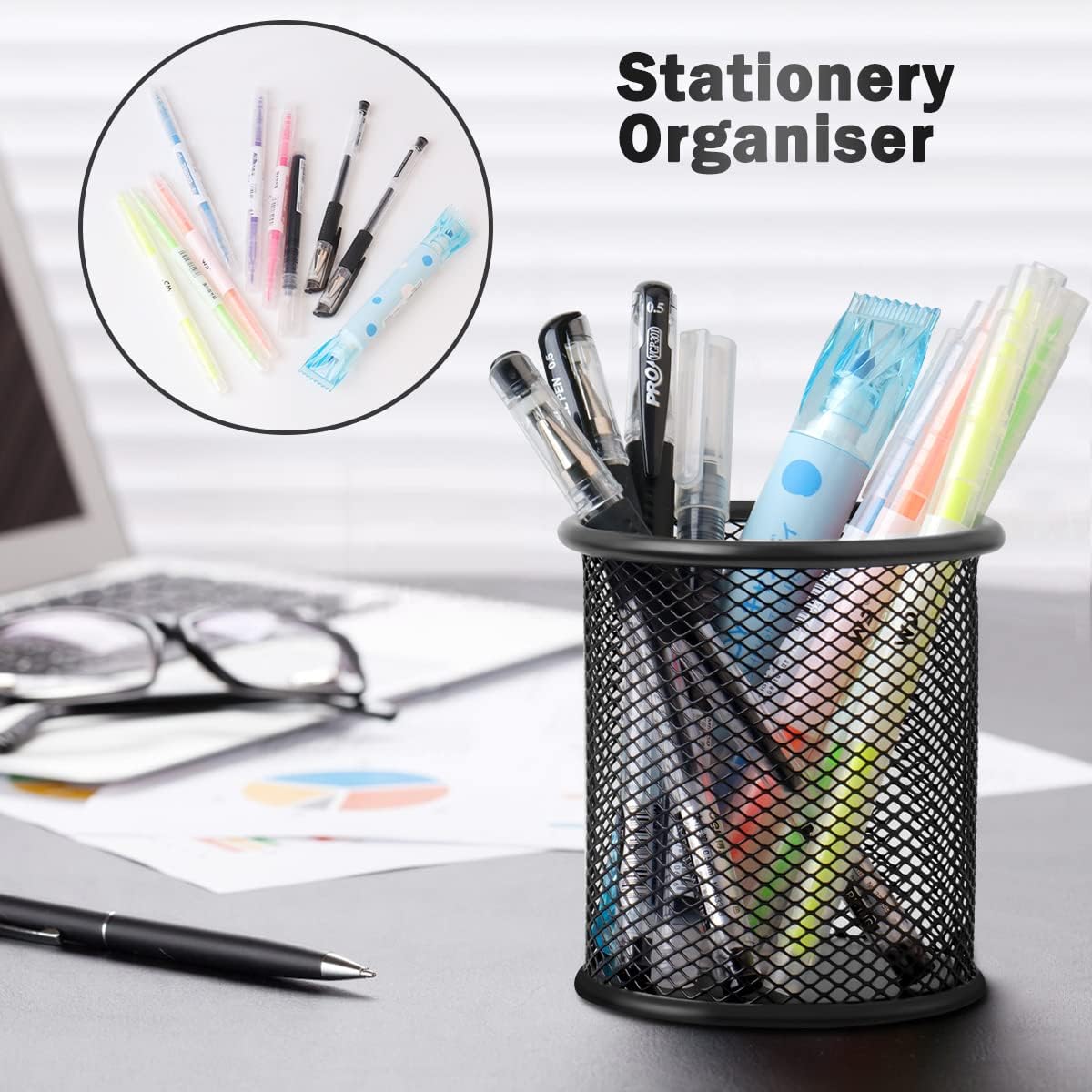 2-pack metal mesh pen holder for desk metal office mesh desktop storage pen holder office supplies - Office accessories and storage products - black — image 6