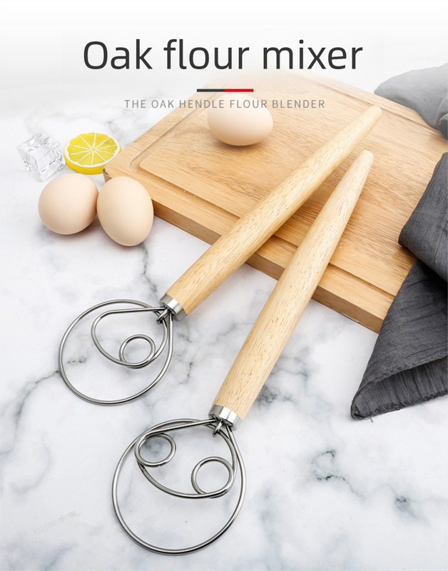 Triple Loop Danish Dough Whisk with Short Oak Handle - 9 Inch Compact Stainless Steel Mixer for Sourdough Starters, Eggs & Batter - Hand Held Flour — image 2