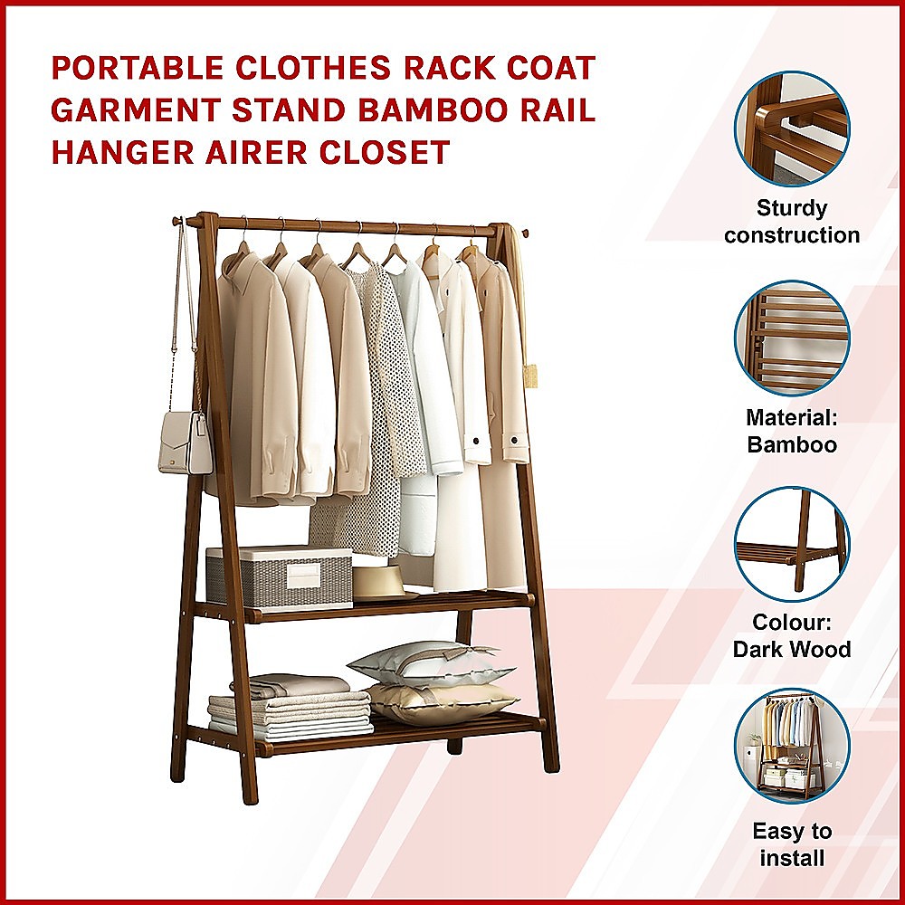 Portable Clothes Rack Coat Garment Stand Bamboo Rail Hanger Airer Closet โ image 3