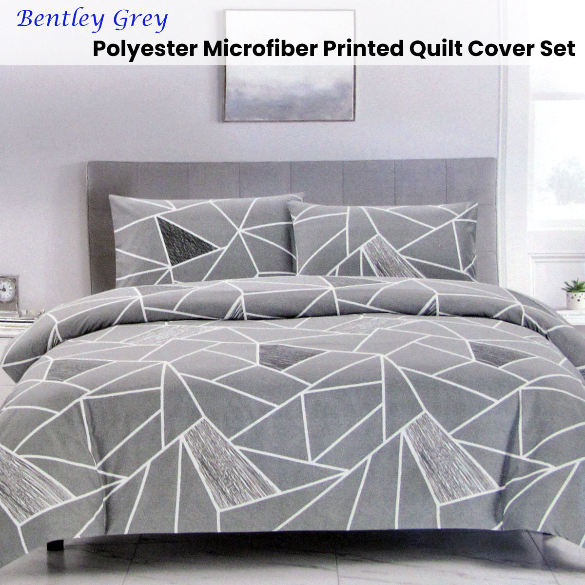 Artex Bentley Grey Quilt Cover Set Geometric Pattern Reversible Printed Microfiber Polyester Queen โ image 2