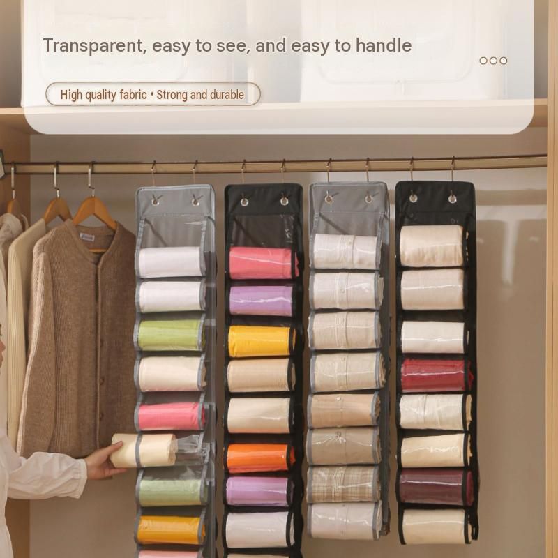 Grey 26-compartment Hanging Clothes Organiser - Double Sided Transparent Wardrobe Storage Bag with Metal Hooks - Space Saving Closet Hanger for Yoga Pants — image 5