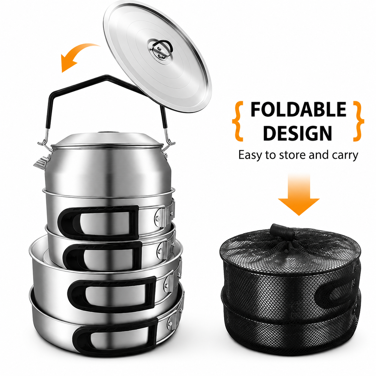 2-Piece Food Grade Stainless Steel Camping Cookware Set with 1.1L Kettle and Medium Stew Pot - Hangable and Foldable, Compact Nesting Storage, Anti โ image 5