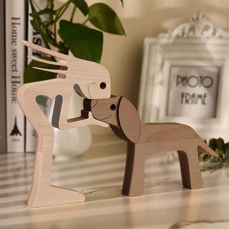 Handmade Wooden Statue Sitting Family and Dog Craft Home Decor - B05 — image 4