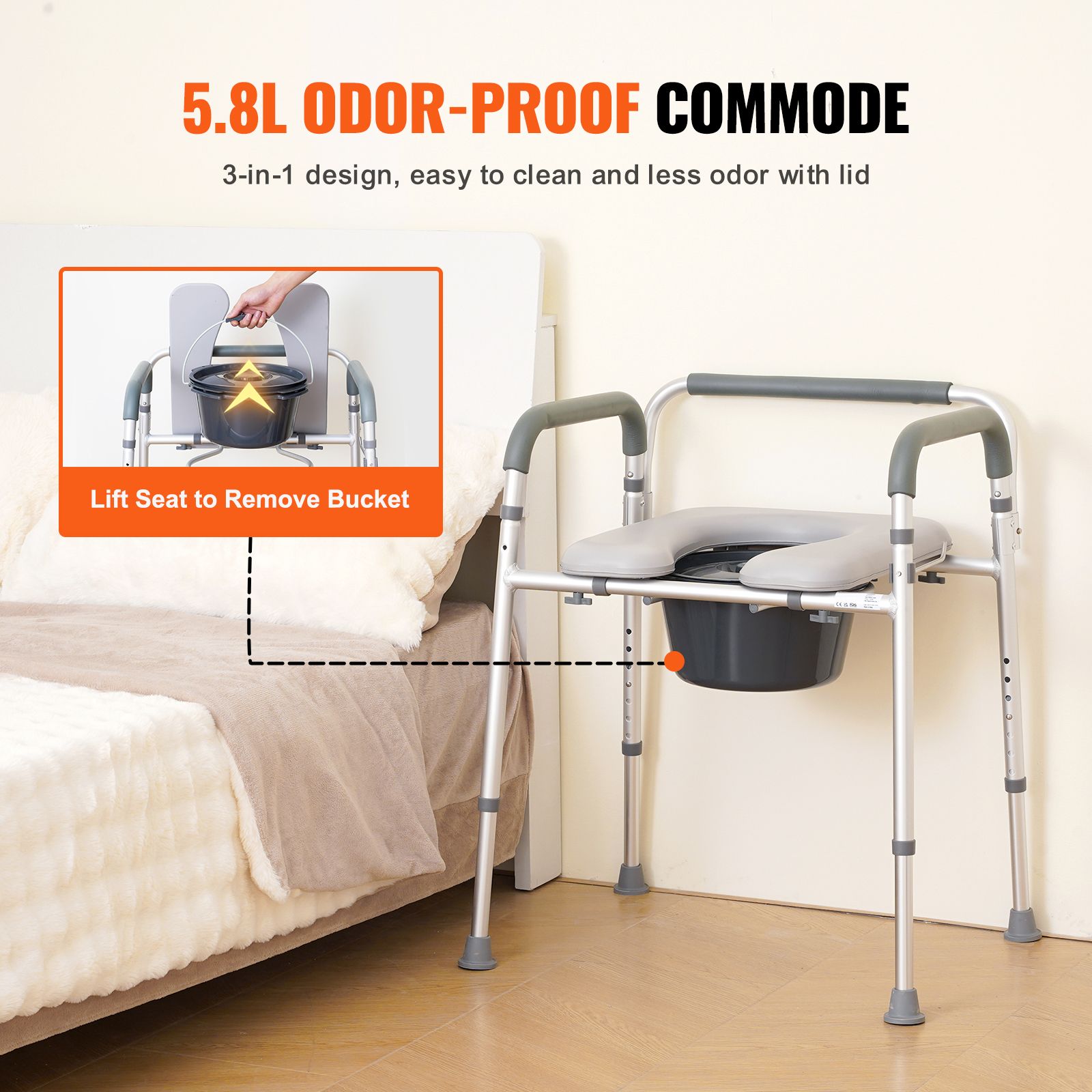 Commode Chair, Bedside Commode with Padded Seat and Arms, 7-Level Adjustable Height, 5.8L Removable Bucket, Easy to Assemble, 350 LBS Capacity, Raised Toilet — image 6