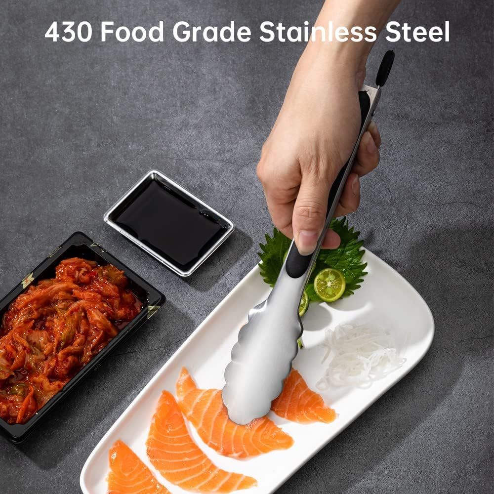 2 Pack Stainless Steel Kitchen Tongs Set (9" 12"), Non-Slip Metal Cooking & Serving Tongs with Hanging Loop (Black) — image 6