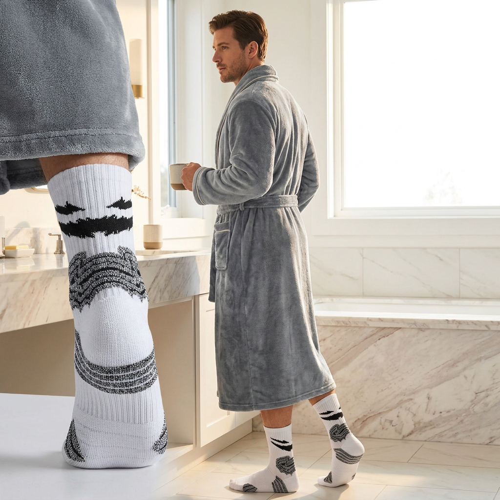 Grey Men's Winter Lounge Bundle Set - Flannel Shawl Collar Robe(L Size) with 2x White Thick Mid Calf Demon Pattern Socks, Warm Plush Homewear Set, Soft Cozy — image 2