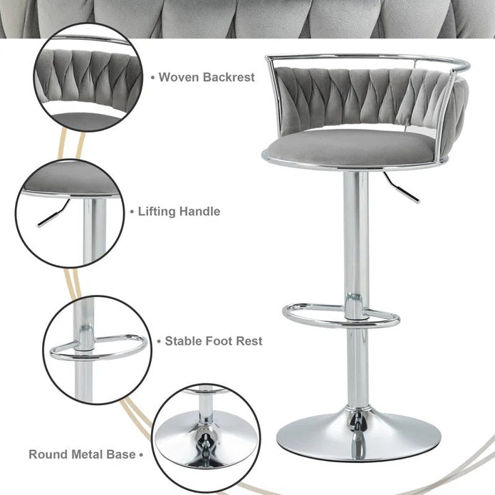SERENITà Silver Swivel Upholstered Velvet Adjustable Height Counter Stool with Metal Frame Grey (Set of 2) — image 4