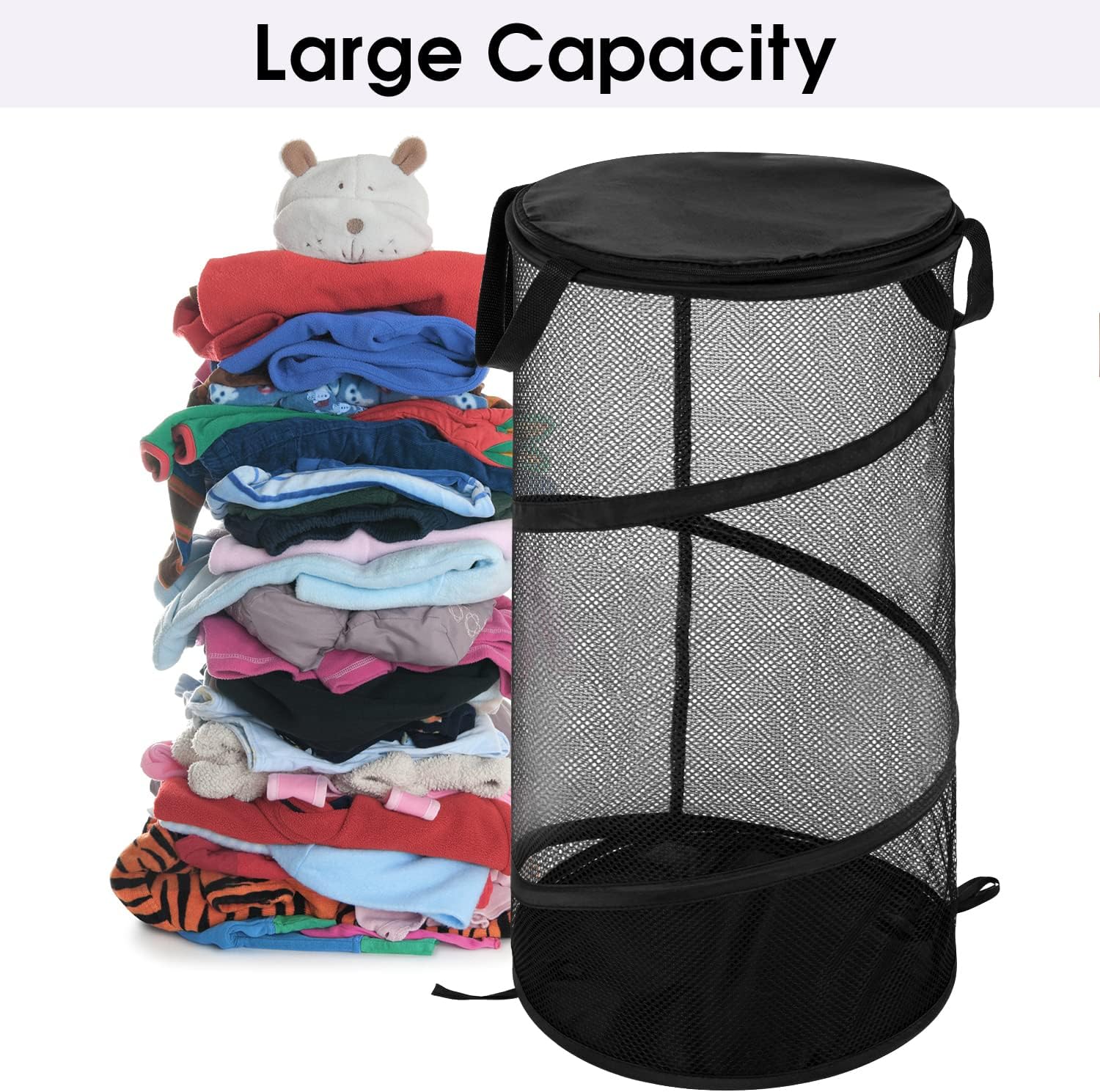 Large Collapsible Laundry Basket with Lid Foldable Mesh Pop Up Hamper with Handles for Laundry Room, Bathroom, Kids Room, College Dorm, Travel, Storage — image 4