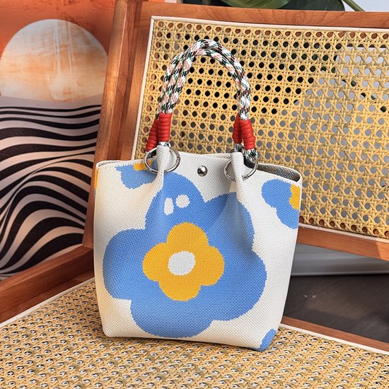 Handbags - Vintage Knitted Shoulder Bags - Casual Knitted Bags - Floral Design - Woven Handle Shopper for Daily Outings & Shopping(Blue)