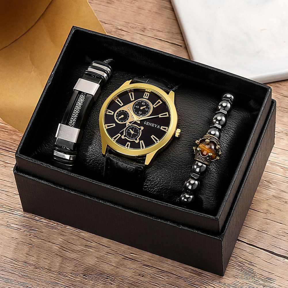 Men'S Bracelet Watch Set Single Calendar Watch Fake Three Eye Watch Canvas - Black - Size 15 โ image 6