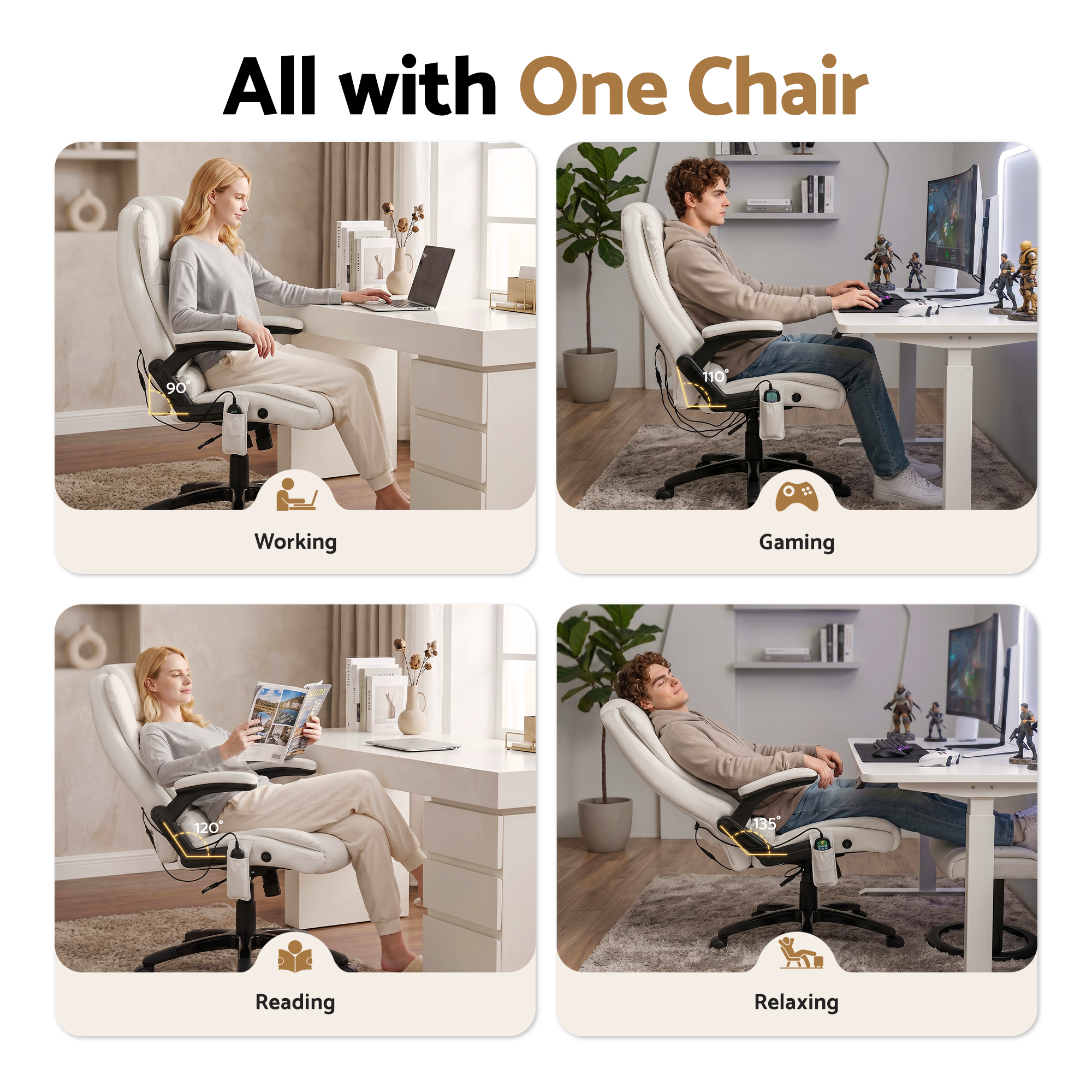 Artiss 8 Point Massage Office Chair Heated Seat Recliner PU White — image 6