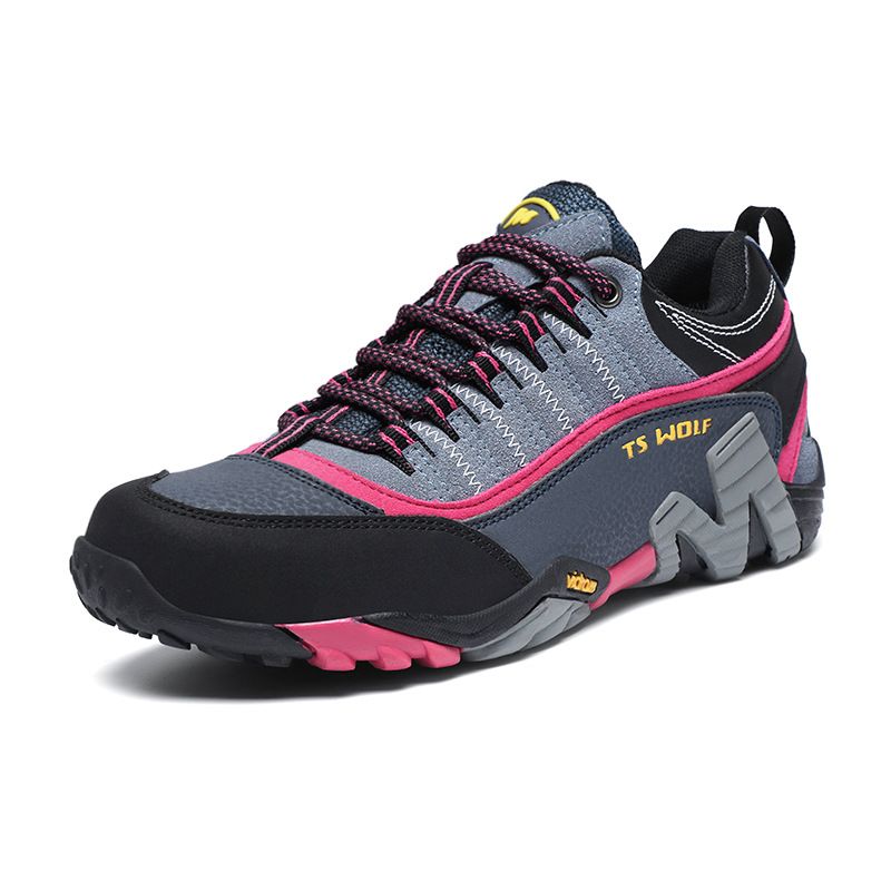 Lefectic Hiking Shoes Genuine Leather Waterproof. Dark Blue Rose Red 36