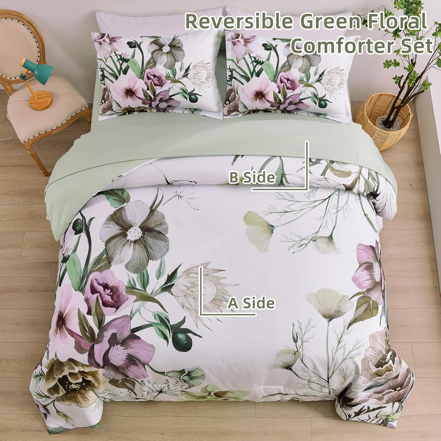 Floral Comforter Set, King Size, Green Floral 3-Piece Bedding, Soft Microfiber for All Seasons โ image 2