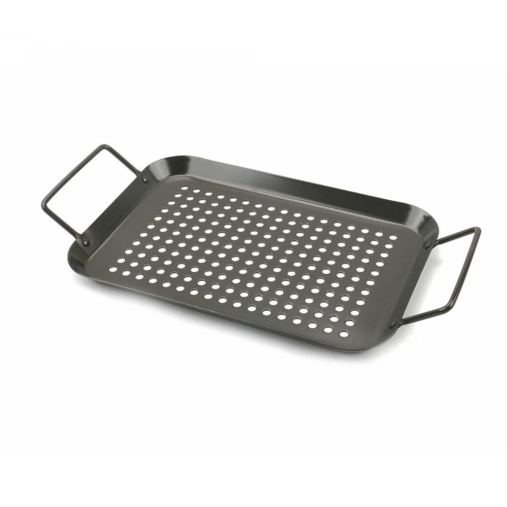 ​ BBQ Grill Pan, Non-stick Carbon Steel BBQ Grilling Tray Vegetable Grill Pans Grill Wok Cookware Grill Accessories with Handles for Outdoor Grill Vegetables
